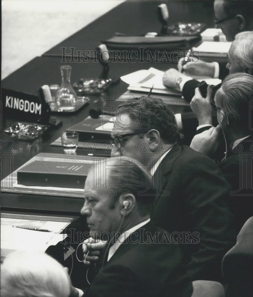 1975 Press Photo US Delegates Gerald Ford &amp; Henry Kissinger During NATO Meeting - Historic Images