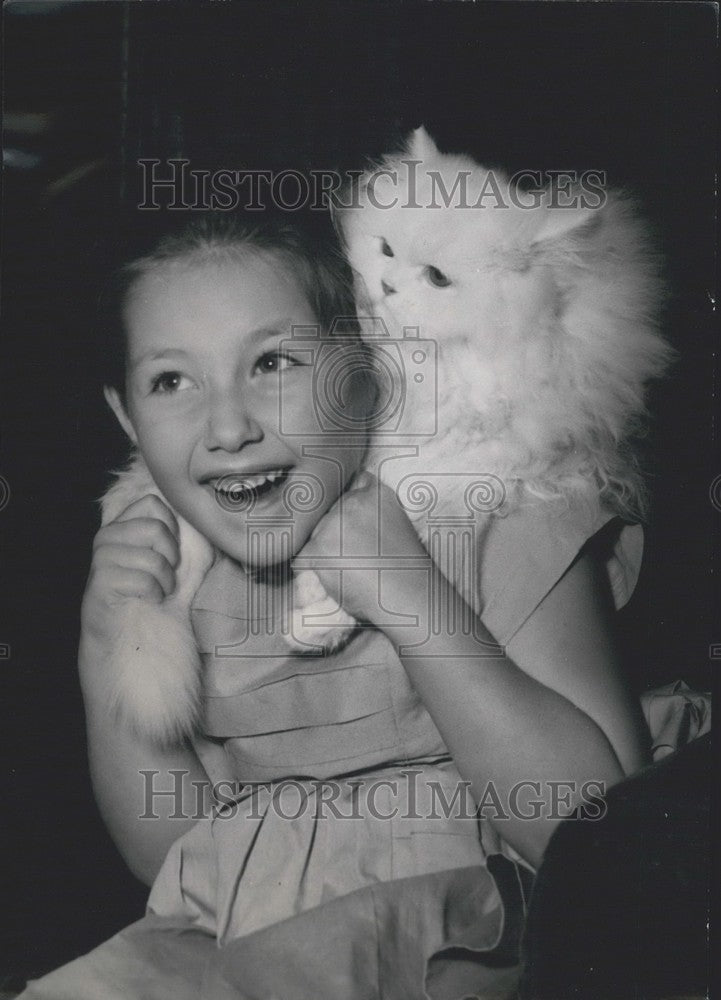 1954 Annik Plays With White Persian with Orange Eyes - Historic Images
