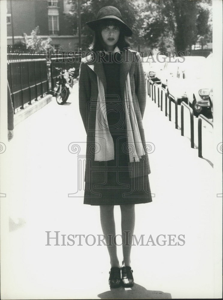 1973 Chloe Beige, Brown, Read Woolen Suit w Turtleneck Pullover - Historic Images