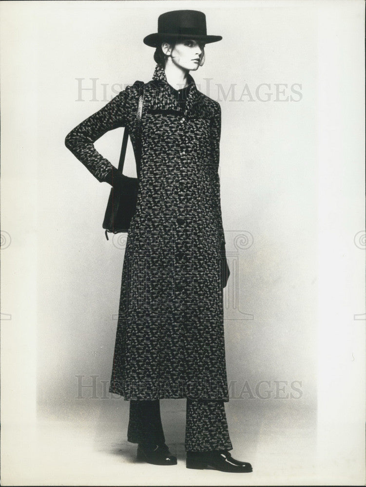 1970, Model Wearing Jacquard Woolen Coat & Matching Pants, Hat - Historic Images
