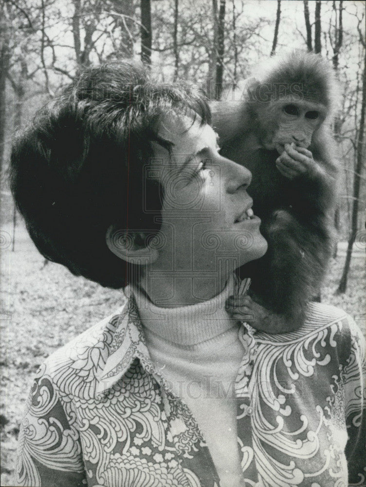 1970, Monkey Sits on Woman's Shoulder at Chateau de Thoiry Reserve - Historic Images
