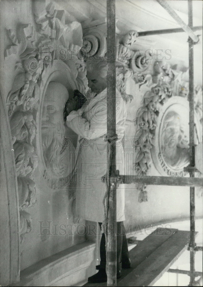 1962, Paul Belmondo on Scaffolding Sculpting a La Coupole Medallion - Historic Images