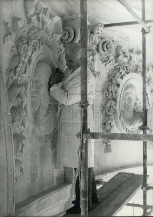 1962, Paul Belmondo on Scaffolding Sculpting a La Coupole Medallion - Historic Images