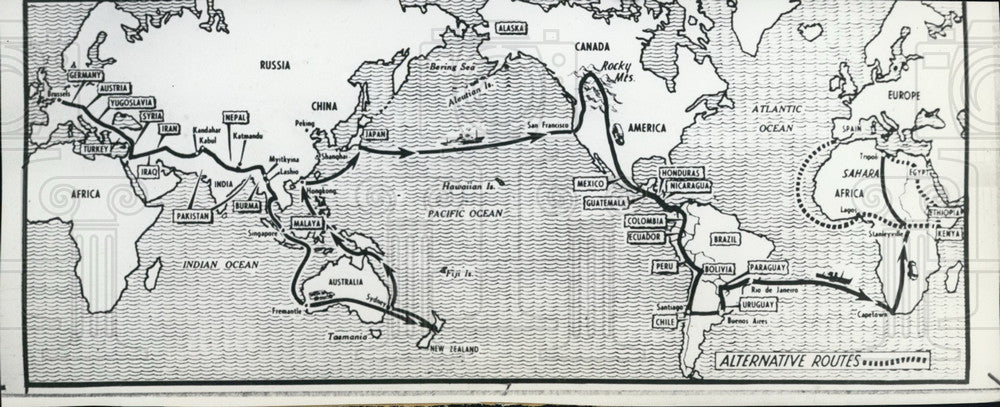 1956 Press Photo RAF Officer Peter Townsend&#39;s Circumnavigation Map. - Historic Images