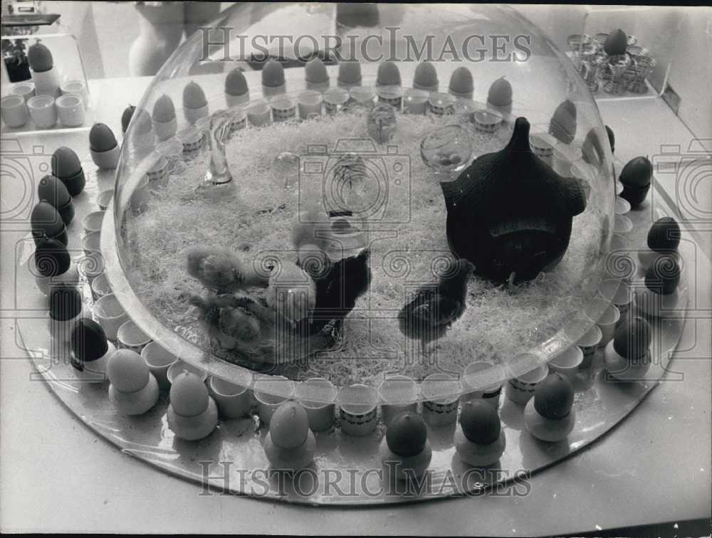 Press Photo Chicks in Paris Store Window Surrounded By Eggs at Easter - Historic Images