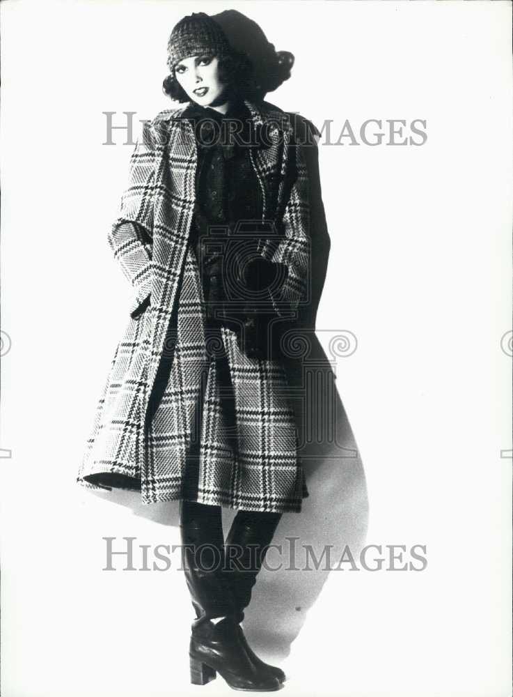 1974 Model Wearing Plaid Wool Coat and Skirt Designed by Jean Patou - Historic Images