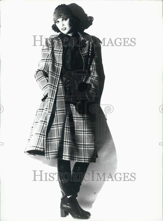 1974 Model Wearing Plaid Wool Coat and Skirt Designed by Jean Patou - Historic Images