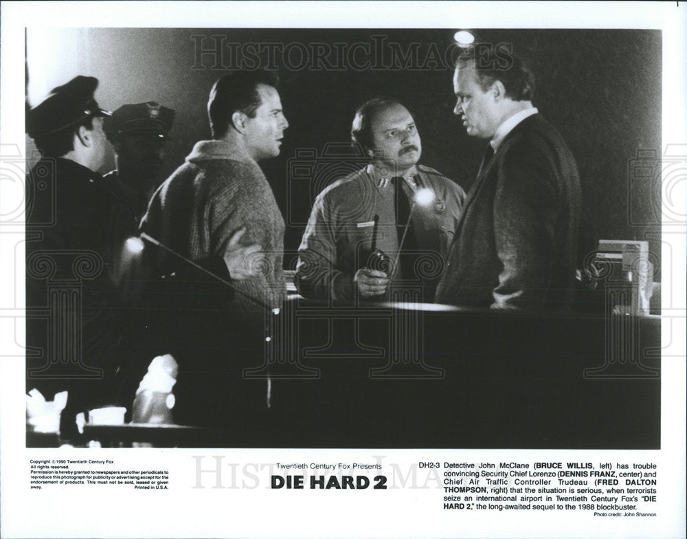 1990 Press Photo Die Hard 2 Film Bruce Willis Dennis Franz Fred Dalton Thompson - Historic Images