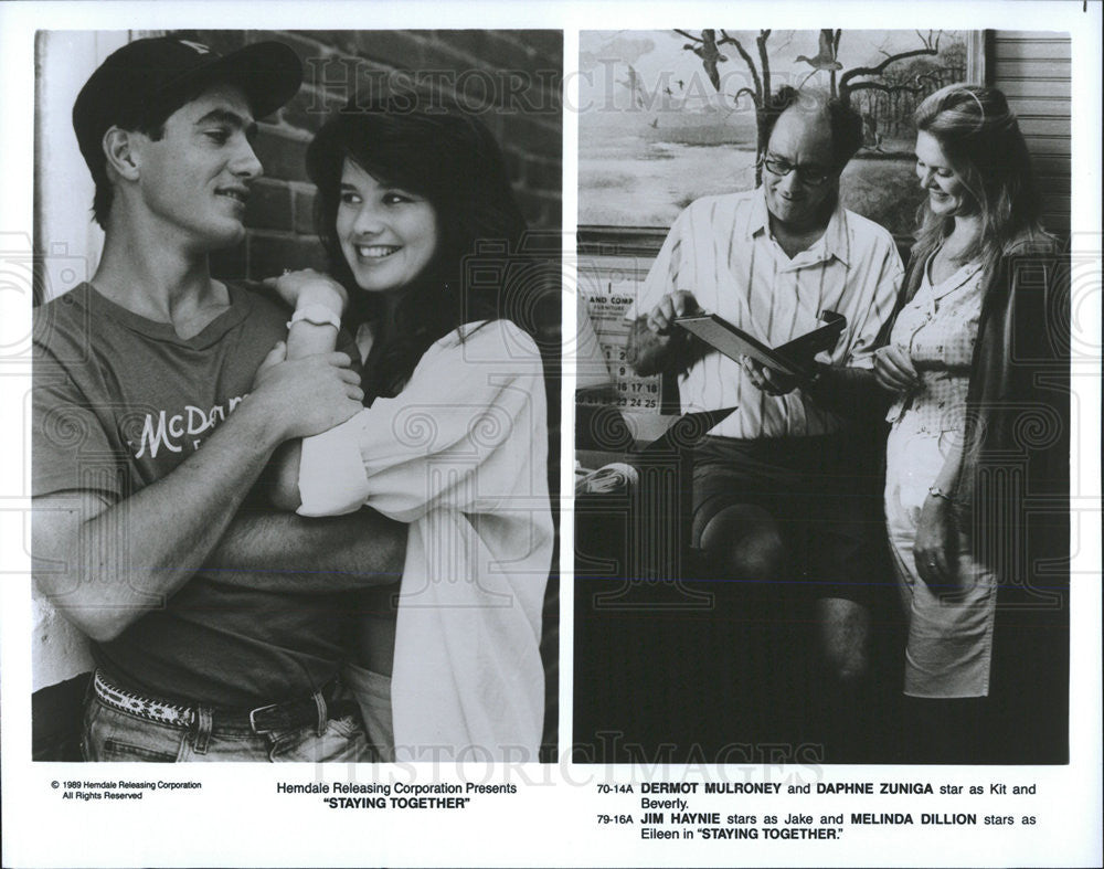 1989 Press Photo Dermot Mulroney, Daphne Zuniga, Jim Haynie, Melinda Dillion - Historic Images