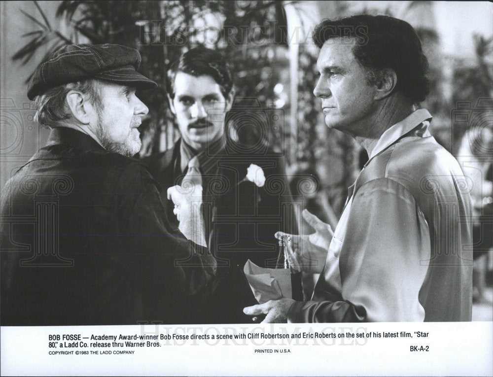 1983 Press Photo Bob Fosse Directs Cliff Robertson &amp; Eric Roberts In Star 80 - Historic Images