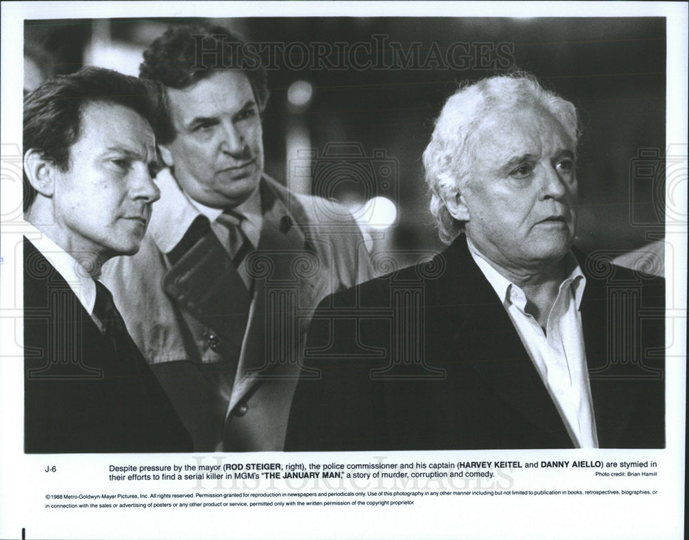 1988 Press Photo Rod Steiger, Harvey Keitel &amp; Danny Aiello In &quot;The January Man&quot; - Historic Images