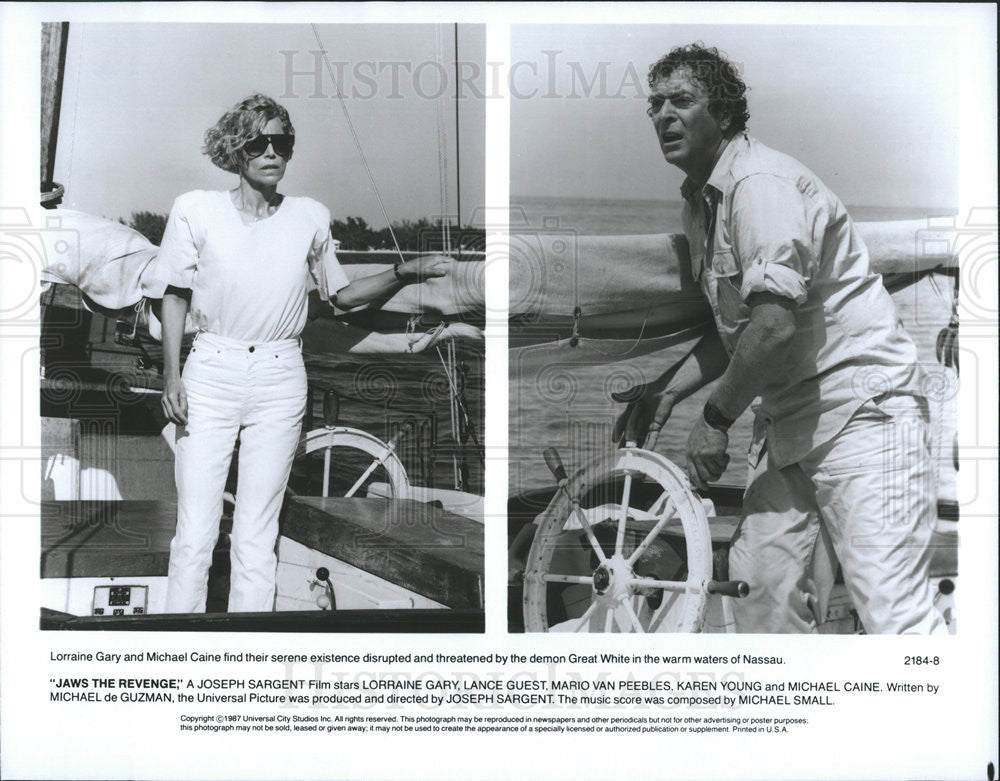 1987 Press Photo Lorraine Gary and Michael Caine in &quot;Jaws The Revenge&quot; - Historic Images