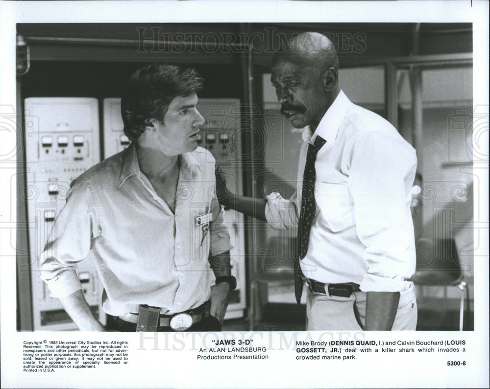 1983 Press Photo Dennis Quaid and Louis Gossett Jr in &quot;Jaws 3-D&quot; - Historic Images