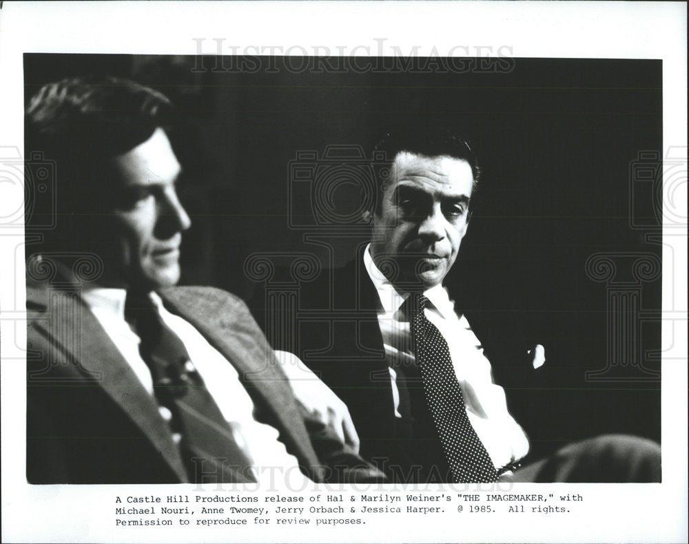 1985 Press Photo Michael Nouri, Jerry Orbach &quot;The Imagemaker&quot; - Historic Images