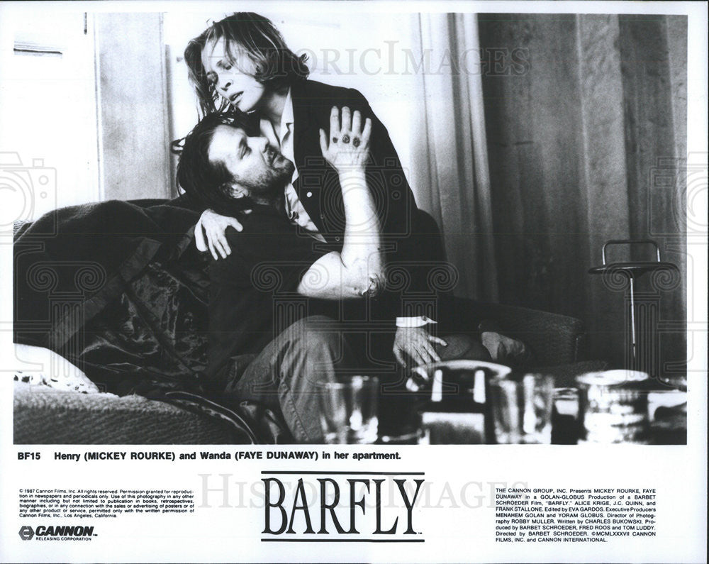 1987 Press Photo Film Barfly Mickey Rourke Faye Dunaway - Historic Images