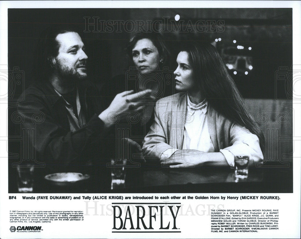 1987 Press Photo Film Barfly Faye Dunaway Alice Krige Mickey Rourke - Historic Images