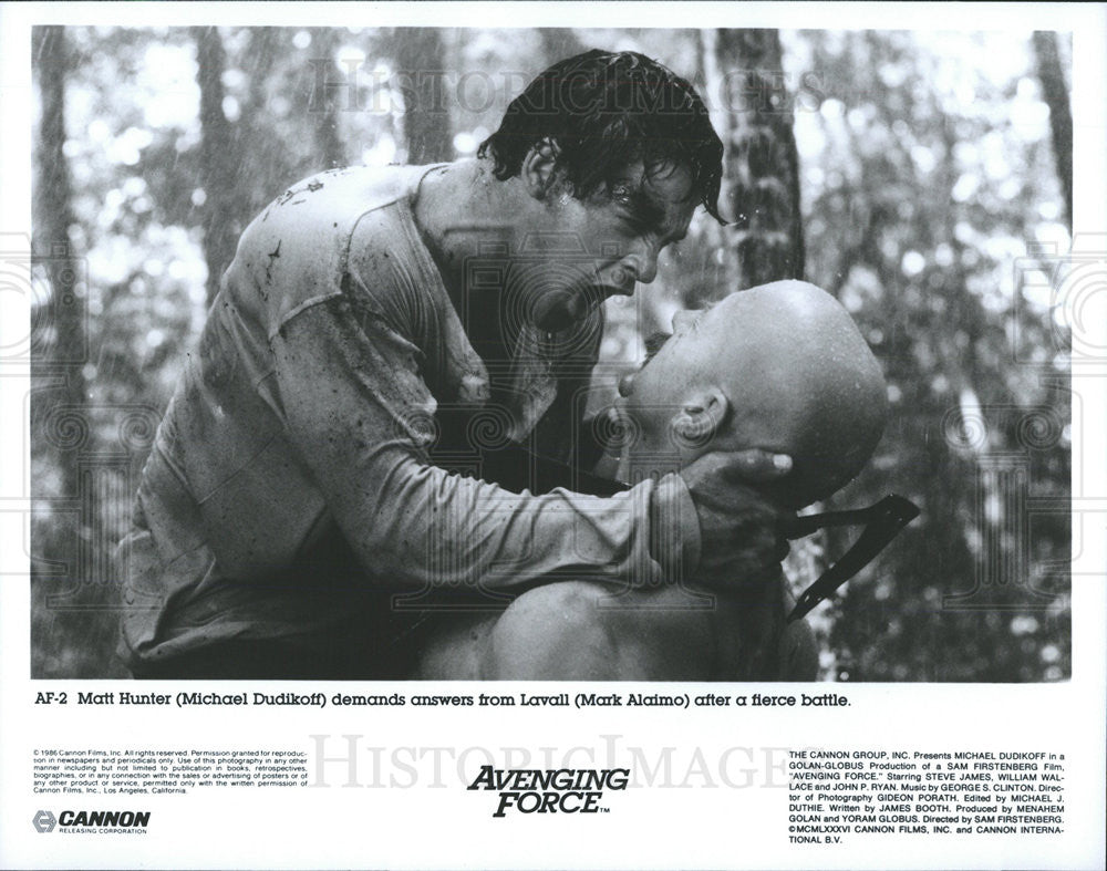 1986 Press Photo Avenging Force Michael Dudikoff Mark Alaimo - Historic Images