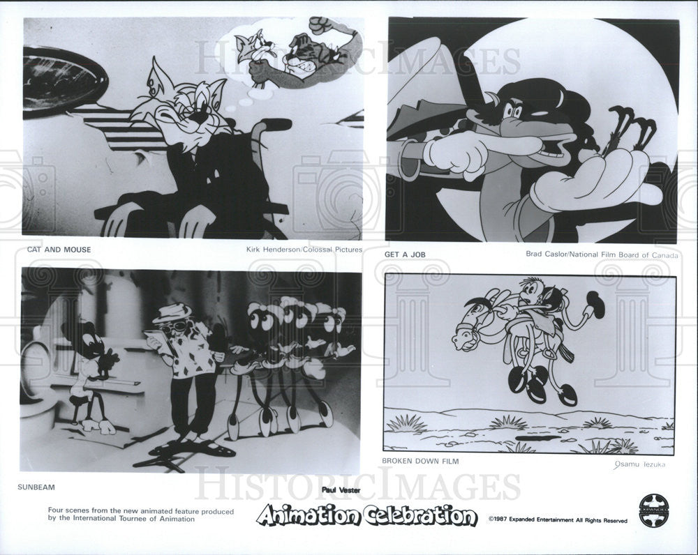 1987 Press Photo Animation Celebration Cat and Mouse Get a Job Broken Down - Historic Images