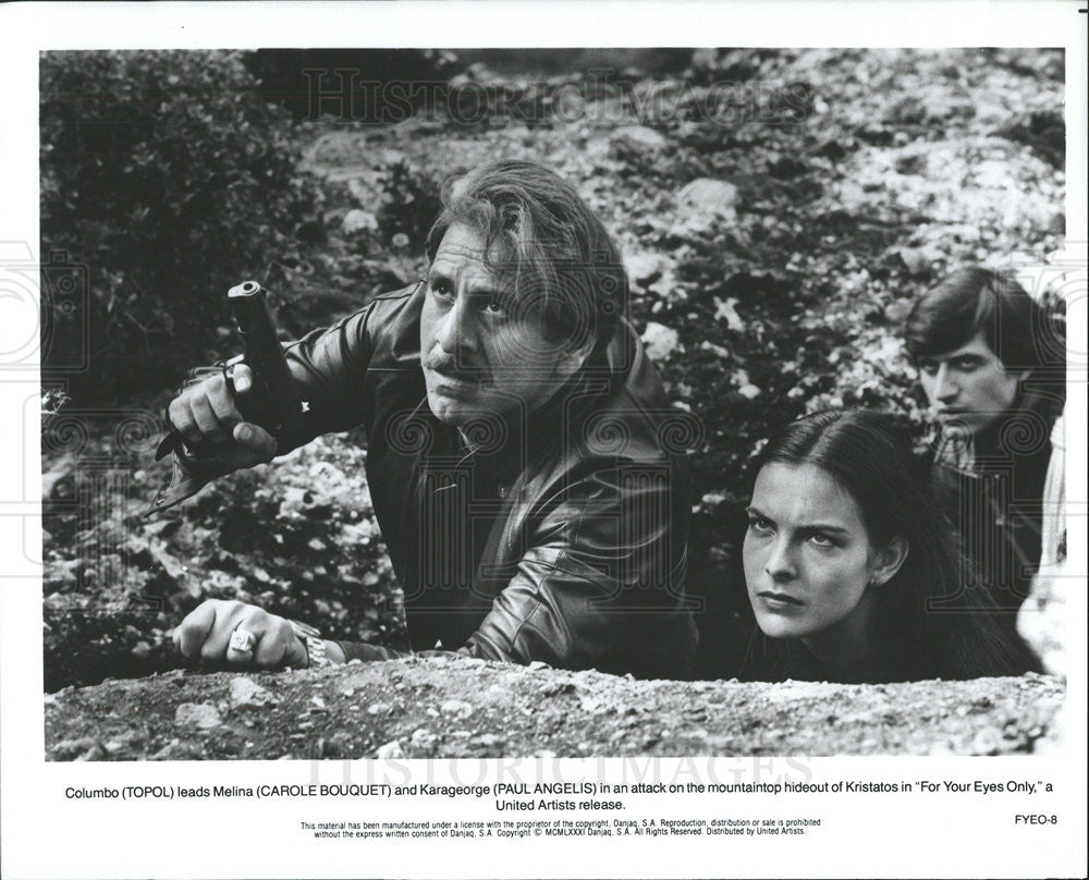 1981 Press Photo Topol, Carole Bouquet &amp; Paul Angelis In &quot;For Your Eyes Only&quot; - Historic Images