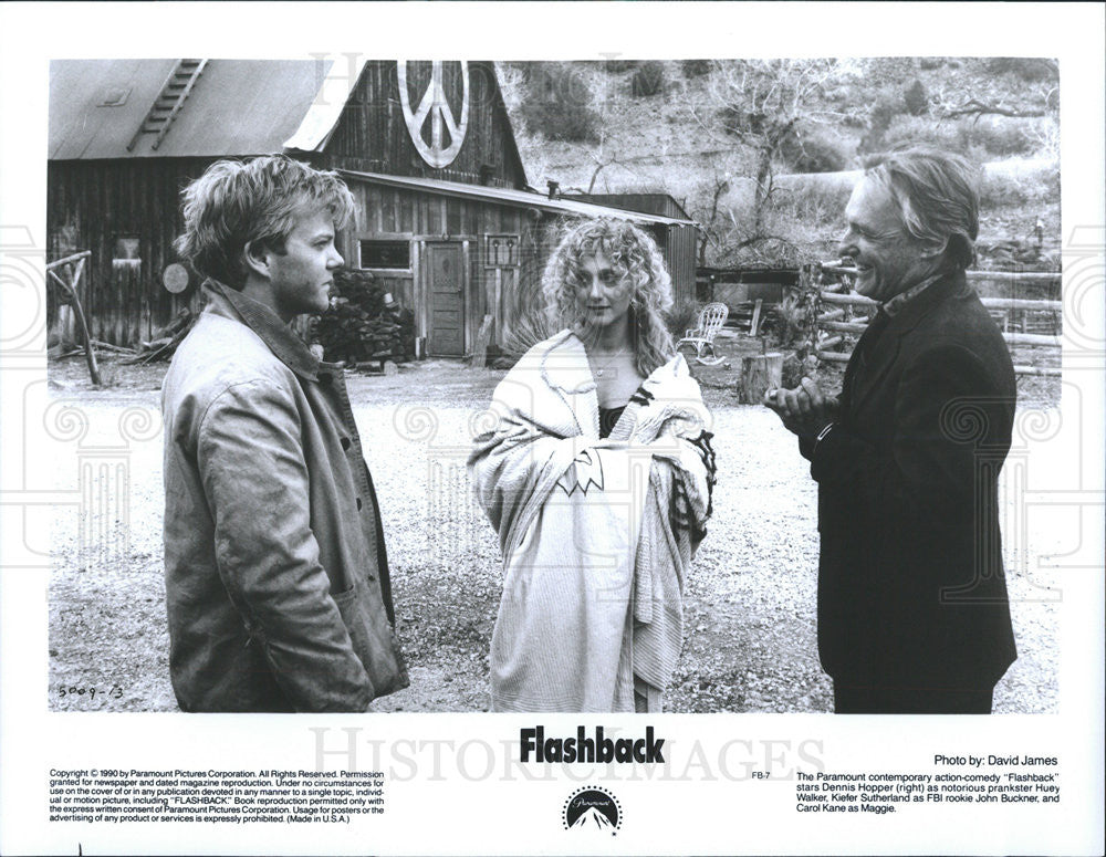 1990 Press Photo Dennis Hopper, Kiefer Sutherland &amp; Carol Kane In &quot;Flashback&quot; - Historic Images