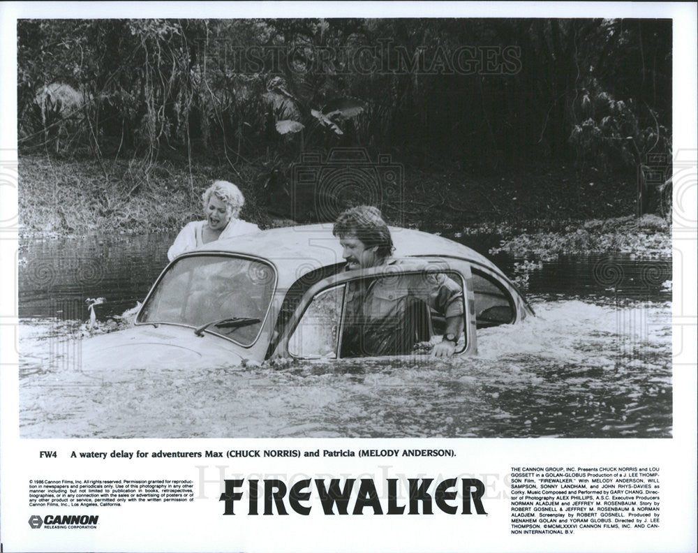 1986 Press Photo Chuck Norris &amp; Melody Anderson Star In Firewalker - Historic Images