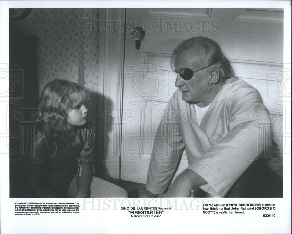 1984 Press Photo Drew Barrymore and George C. Scott in &quot;Firestarter&quot; - Historic Images