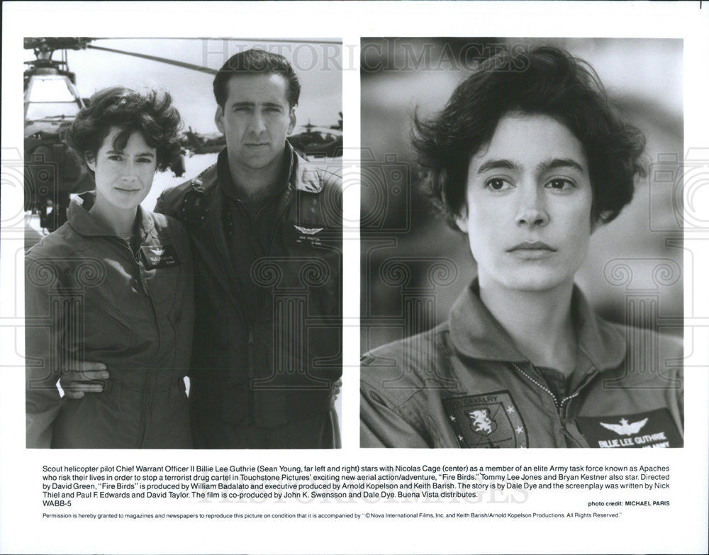 1990 Press Photo Sean Young and Nicolas Cage star in &quot;Fire Birds&quot; - Historic Images