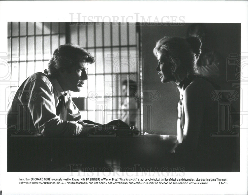 1992 Press Photo Richard Gere &amp; Kim Basinger Star In Thriller &quot;Final Analysis&quot; - Historic Images