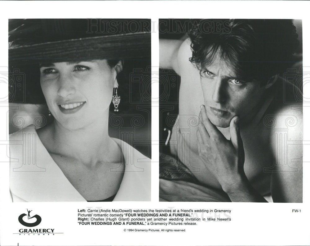 1994 Press Photo Andie MacDowell and Hugh Grant in &quot;Four Weddings and a Funeral&quot; - Historic Images