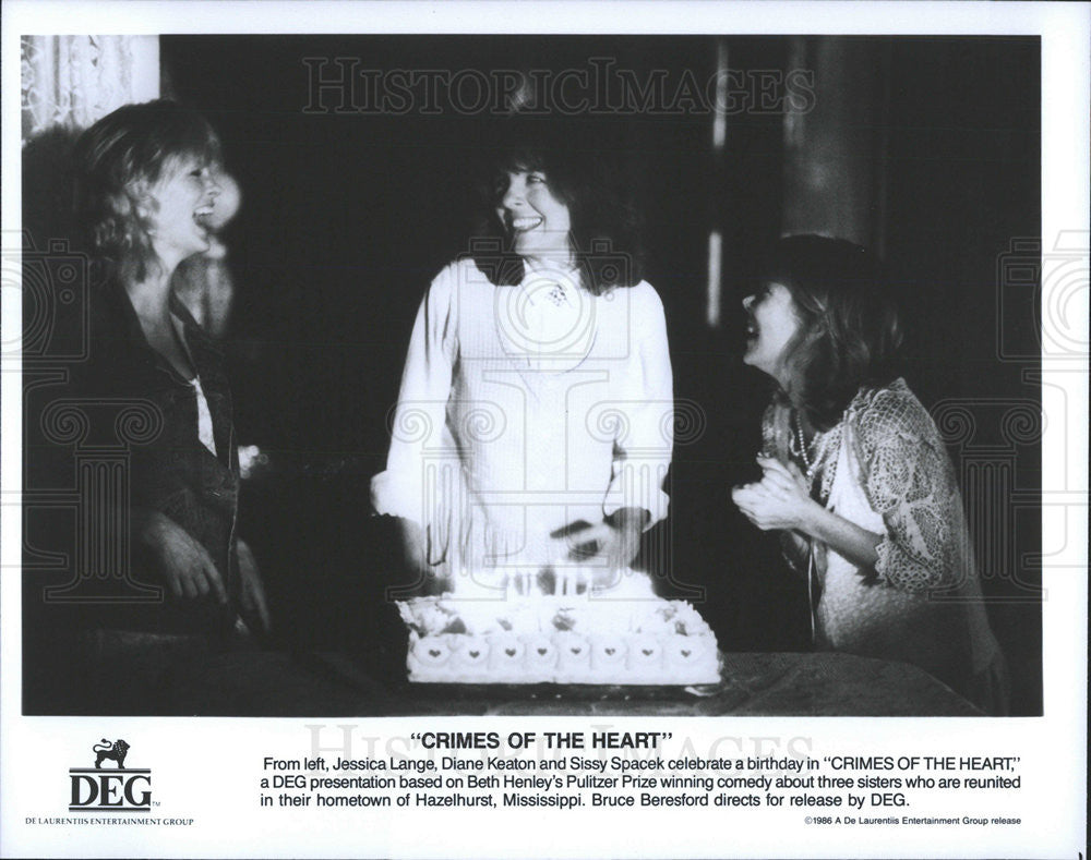 1986 Press Photo Crimes Of The Heart Film Actresses Lange Keaton Spacek Birthday - Historic Images