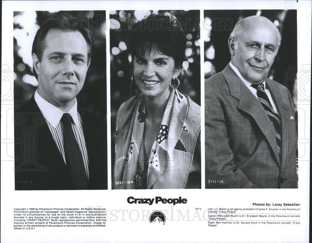 1990 Press Photo J. T. Walsh, Mercedes Ruehl &amp; Ben Hammer Star In &quot;Crazy People&quot; - Historic Images