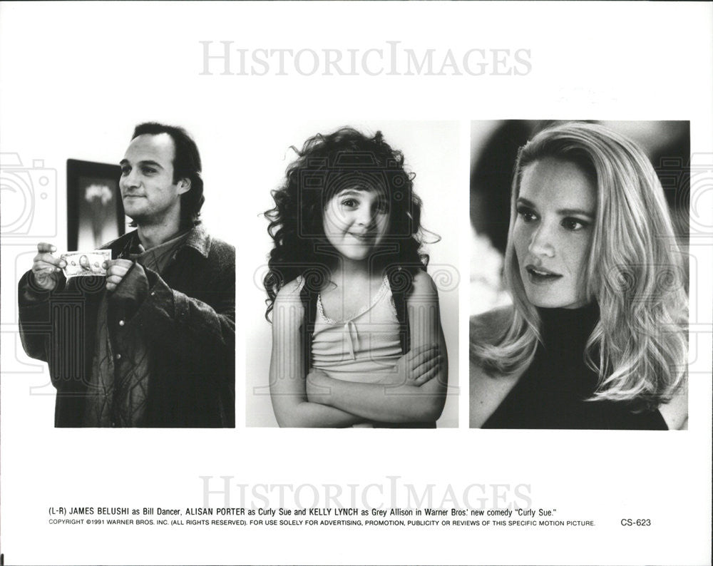 1991 Press Photo James Belushi, Alisan Porter &amp; Kelly Lynch In &quot;Curly Sue&quot; - Historic Images