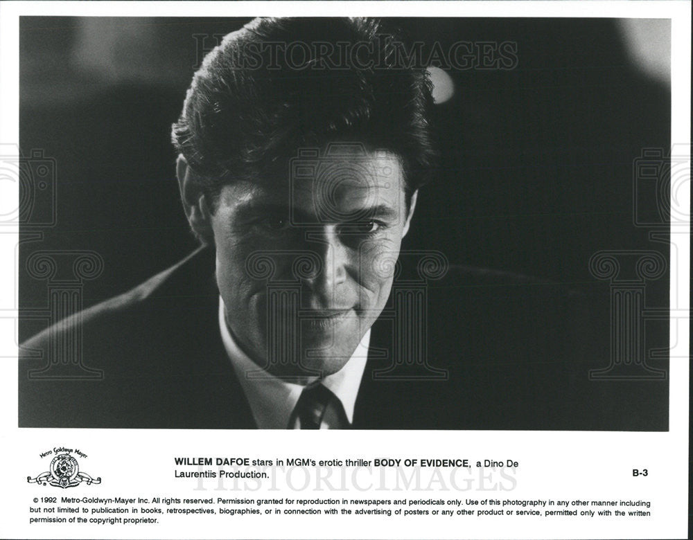 1992 Press Photo Willem Dafoe Actor Body Evidence Erotic Thriller Movie Film - Historic Images