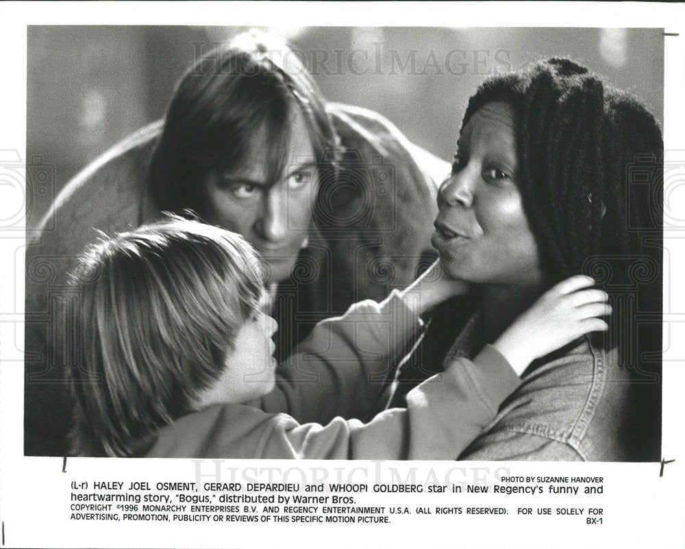 1996 Press Photo Haley Joel Osment, Gerard Depardieu &amp; Whoopi Goldberg In Bogus - Historic Images