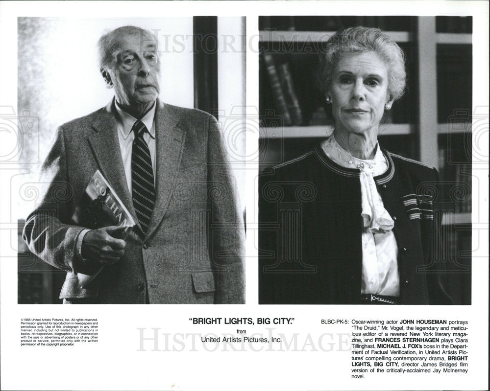 1988 Press Photo John Houseman &amp; Frances Sternhagen In &quot;Bright Lights, Big City&quot; - Historic Images