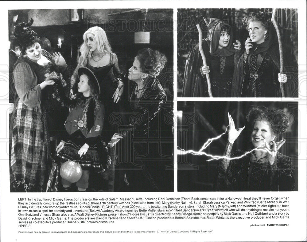 1993 Press Photo Thora Birch, Kathy Najimy, Sarah Jessica Parker &quot;Hocus Pocus&quot; - Historic Images