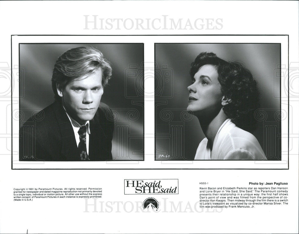 1991 Press Photo Kevin Bacon and Elizabeth Perkins star in &quot;He Said, She Said&quot; - Historic Images