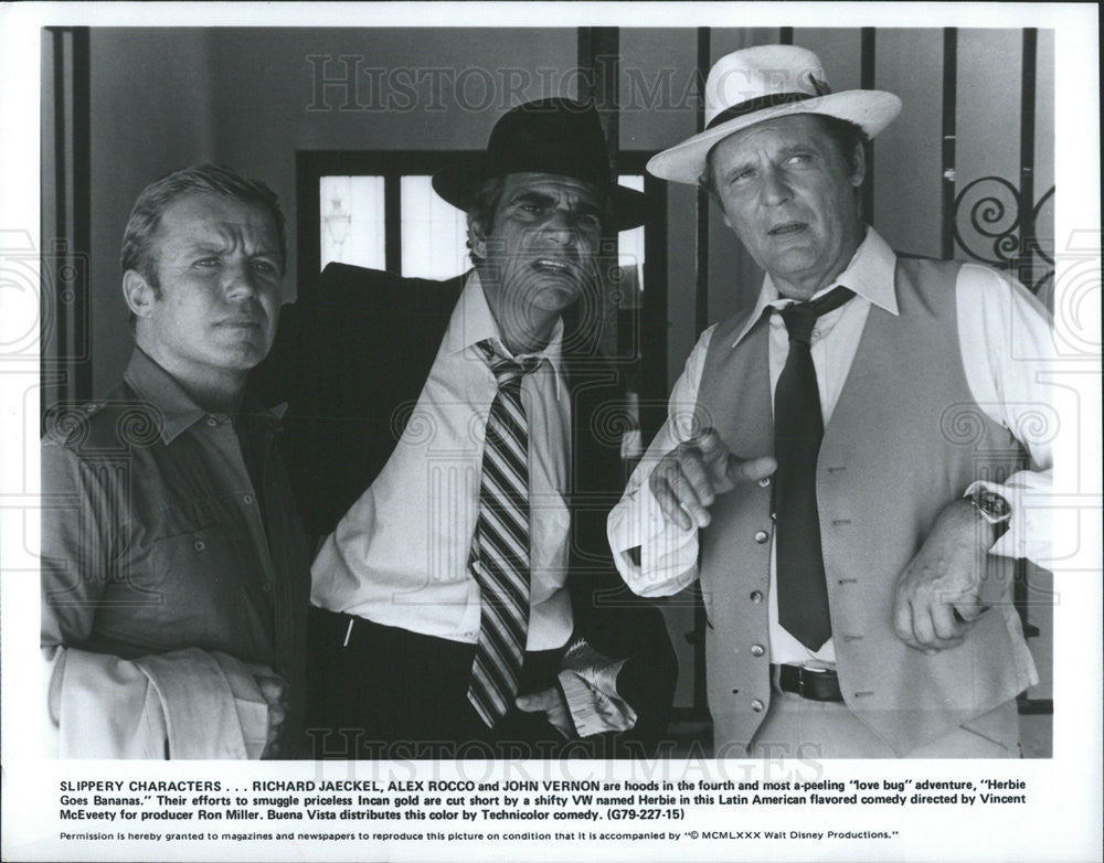 1980 Press Photo Richard Jaeckel, Alex Rocco, John Vernon &quot;Herbie Goes Bananas&quot; - Historic Images