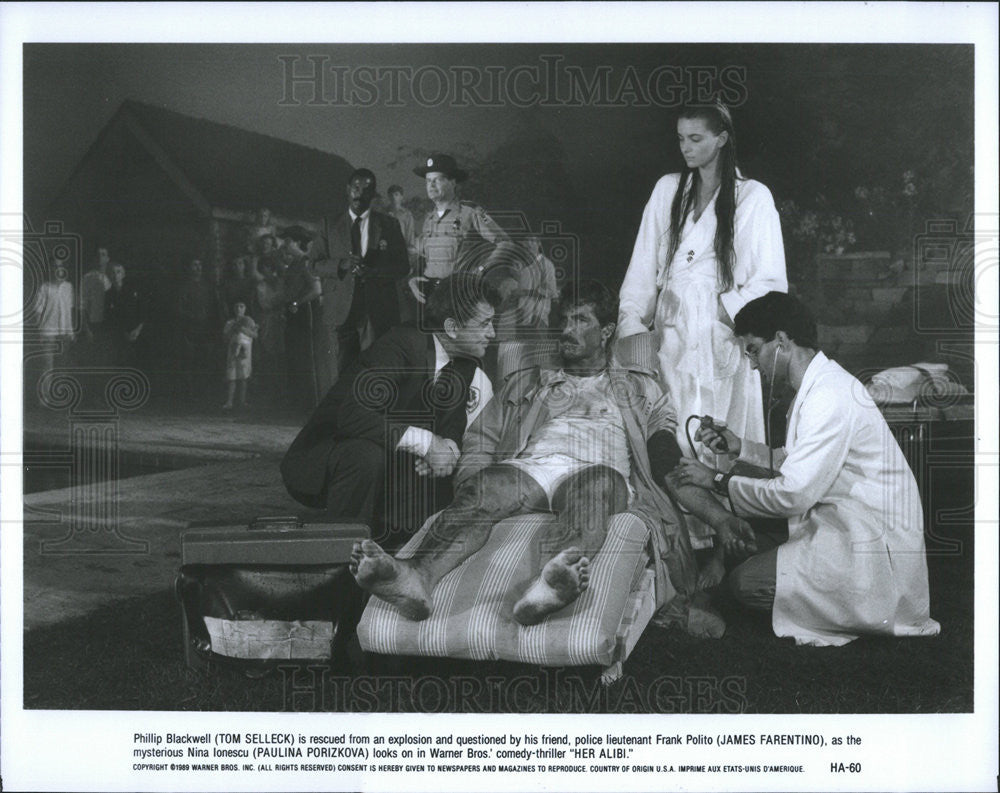 1989 Press Photo Paulina Porizkova, Tom Selleck, James Farentino in &quot;Her Alibi&quot; - Historic Images