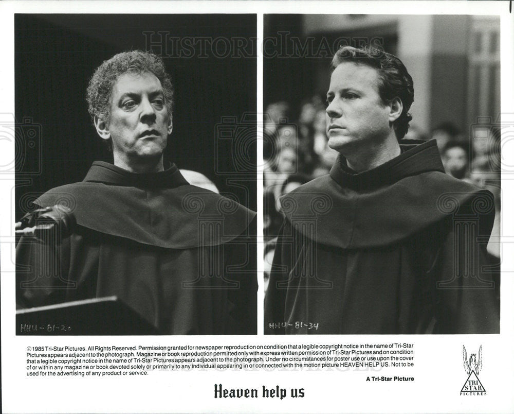 1985 Press Photo Donald Sutherland and John Heard star in &quot;Heaven Help Us&quot; - Historic Images