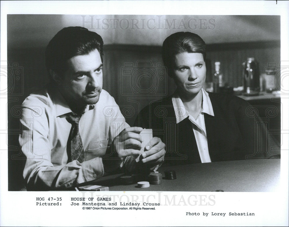 1987 Press Photo Joe Mantegna and Lindsay Crouse in &quot;House Of Games&quot; - Historic Images