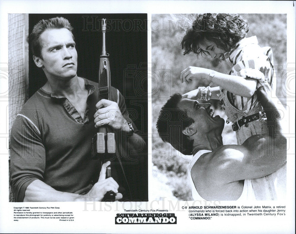 1985 Press Photo Arnold Schwarzenegger, Alyssa Milano in &quot;Commando&quot; - Historic Images