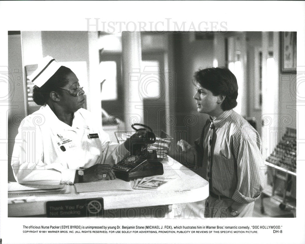 1991 Press Photo Doc Hollywood Film Michael J Fox Edye Byrde Hospital Scene - Historic Images