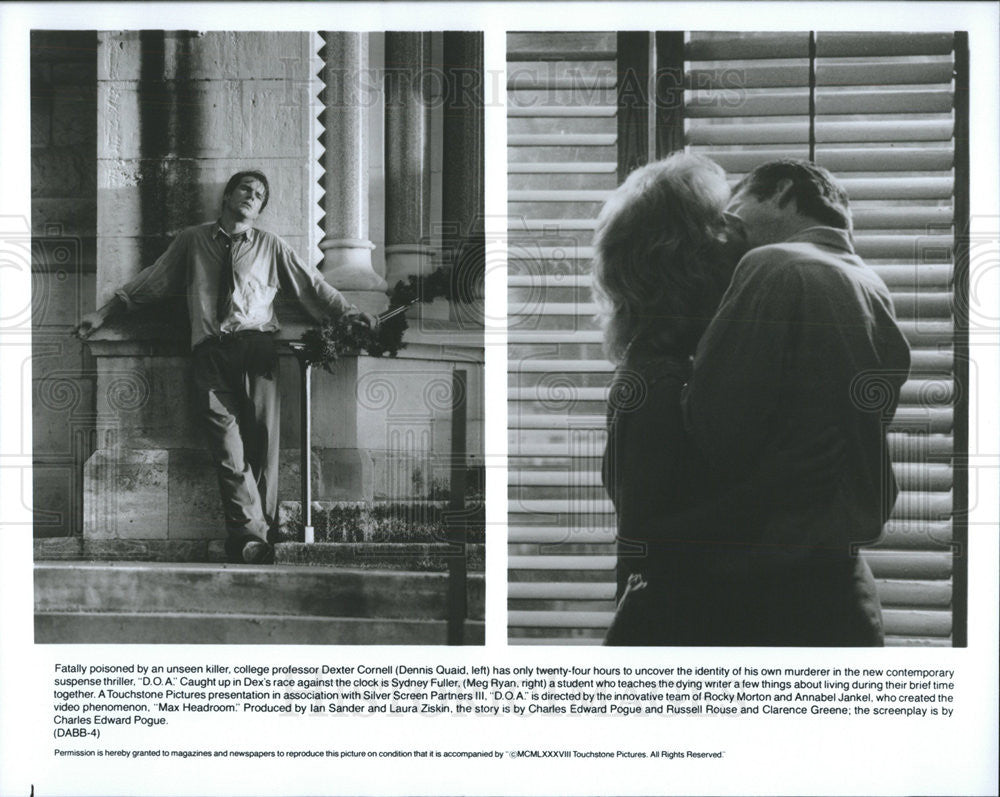 1988 Press Photo DOA Film Actors Dennis Quaid Meg Ryan Kissing Scenes - Historic Images