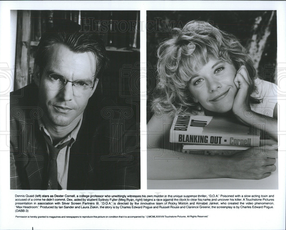 1988 Press Photo DOA Film Actors Dennis Quaid Meg Ryan Character Portraits - Historic Images