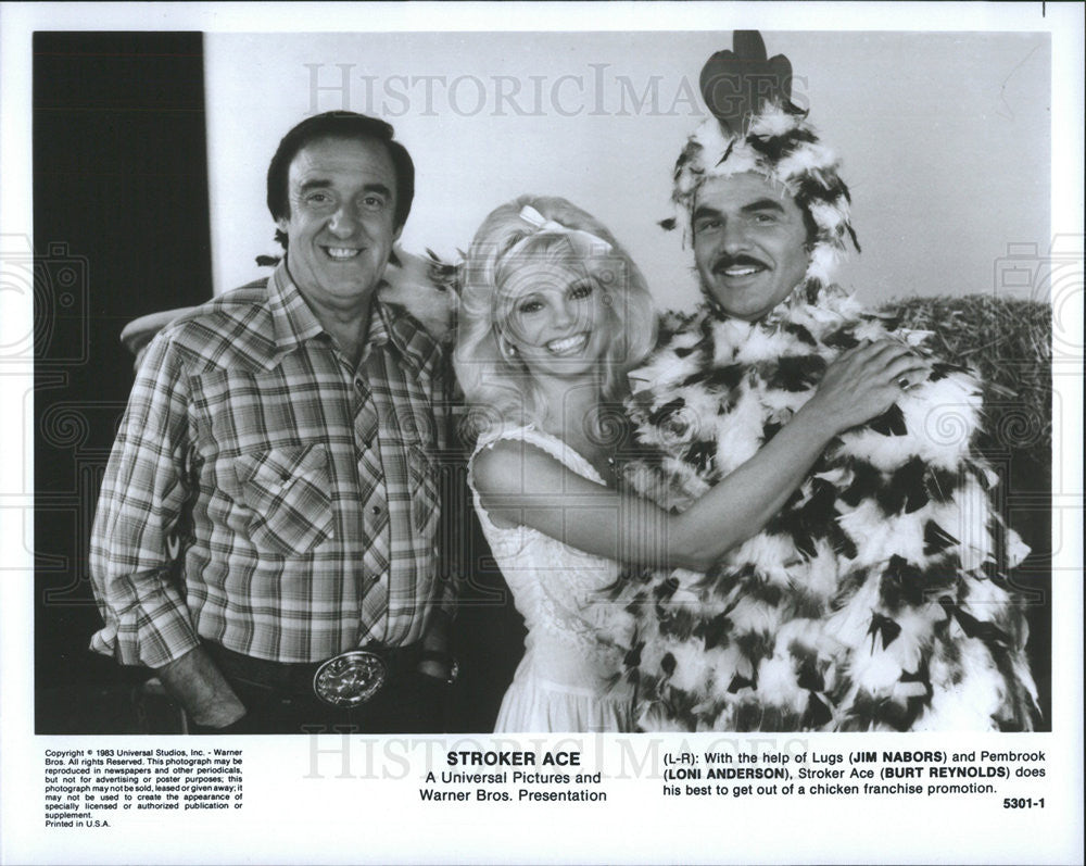 1983 Press Photo Jim Nabors, Loni Anderson, Burt Reynolds in &quot;Stroker Ace&quot; - Historic Images