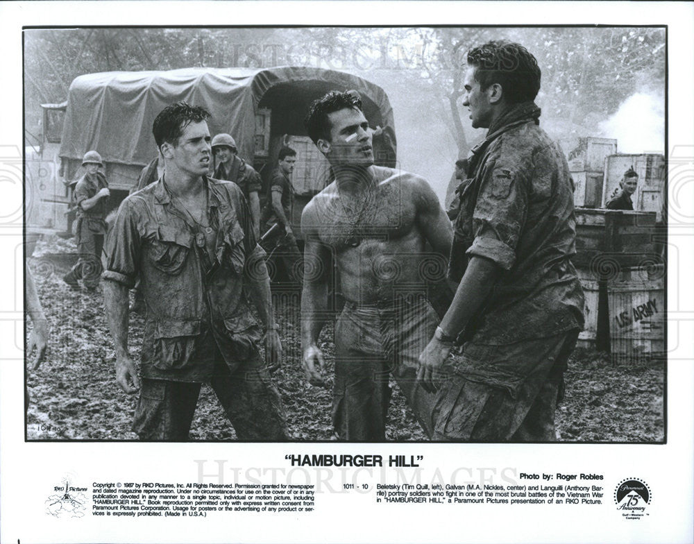 1987 Press Photo Tim Quill M.A. Nickles Anthony Barrile Actors Hamburger Hill - Historic Images