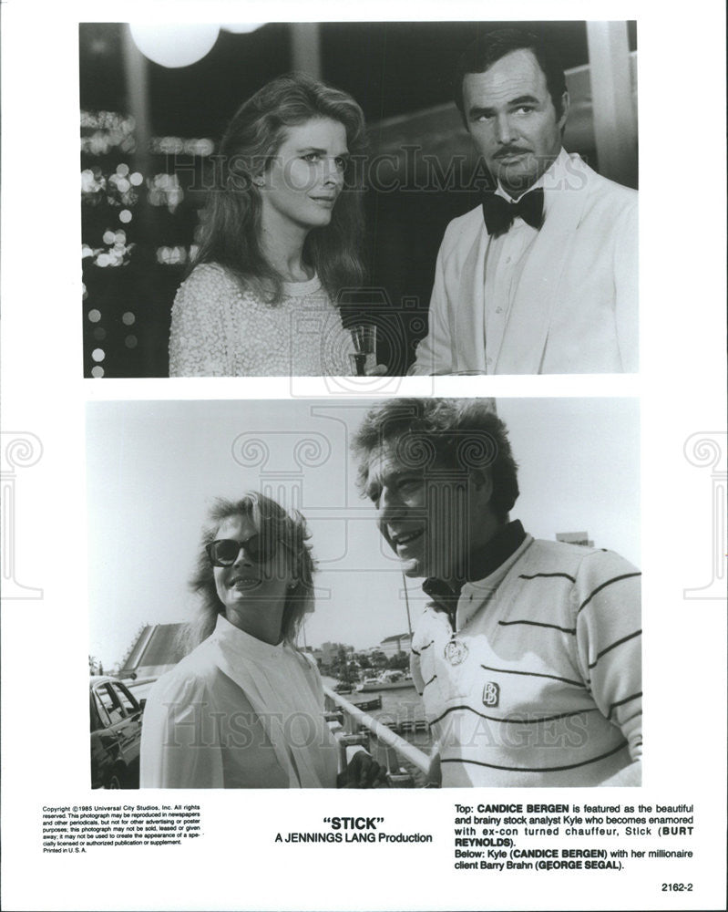 1985 Press Photo Candice Bergen Burt Reynolds George Segal Actors Stick - Historic Images