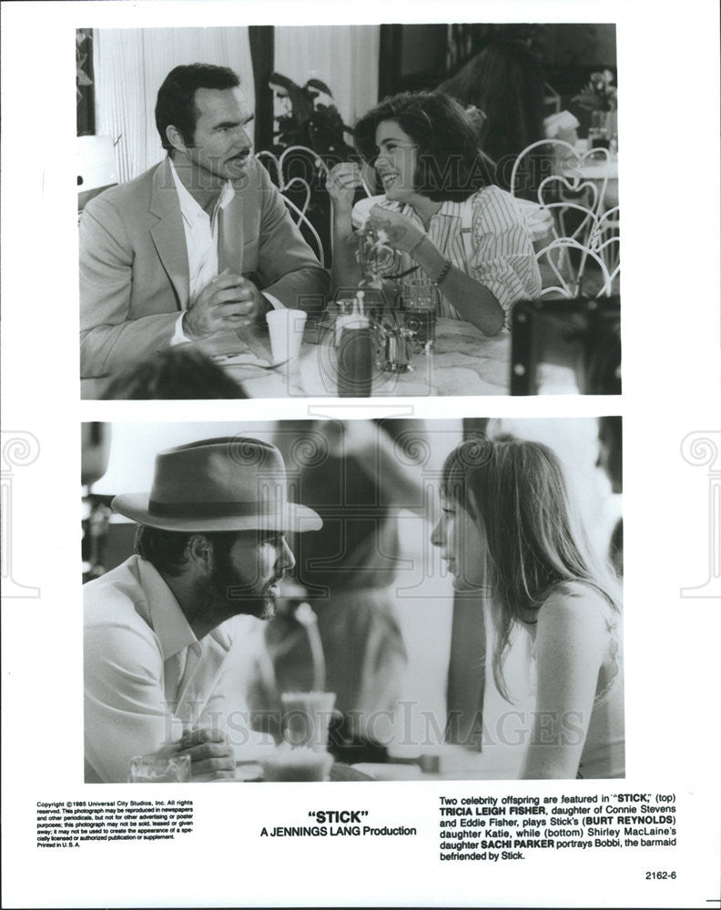 1985 Press Photo Tricia Leigh Fisher Burt Reynolds Sachi Parker Actors Stick - Historic Images