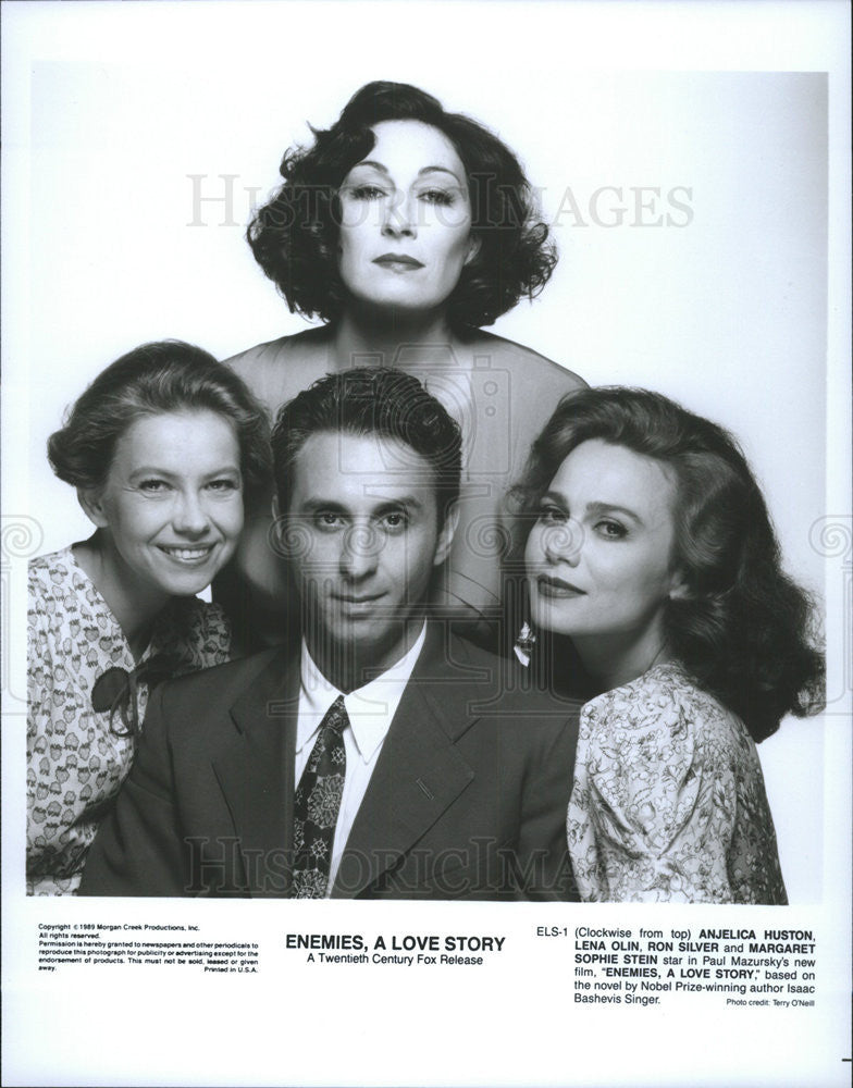 1989 Press Photo Anjelica Huston, Lena Olin, Ron Silver &quot;Enemies, A Love Story&quot; - Historic Images